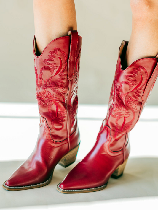 Fiery Red Embroidery Snip-Toe Wide Mid Calf Tall Cowgirl Boots