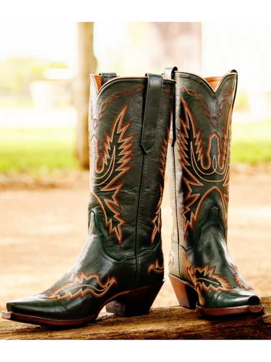 Snip-Toe Classic Embroidery Wide Mid Calf Tall Cowgirl Boots - Green