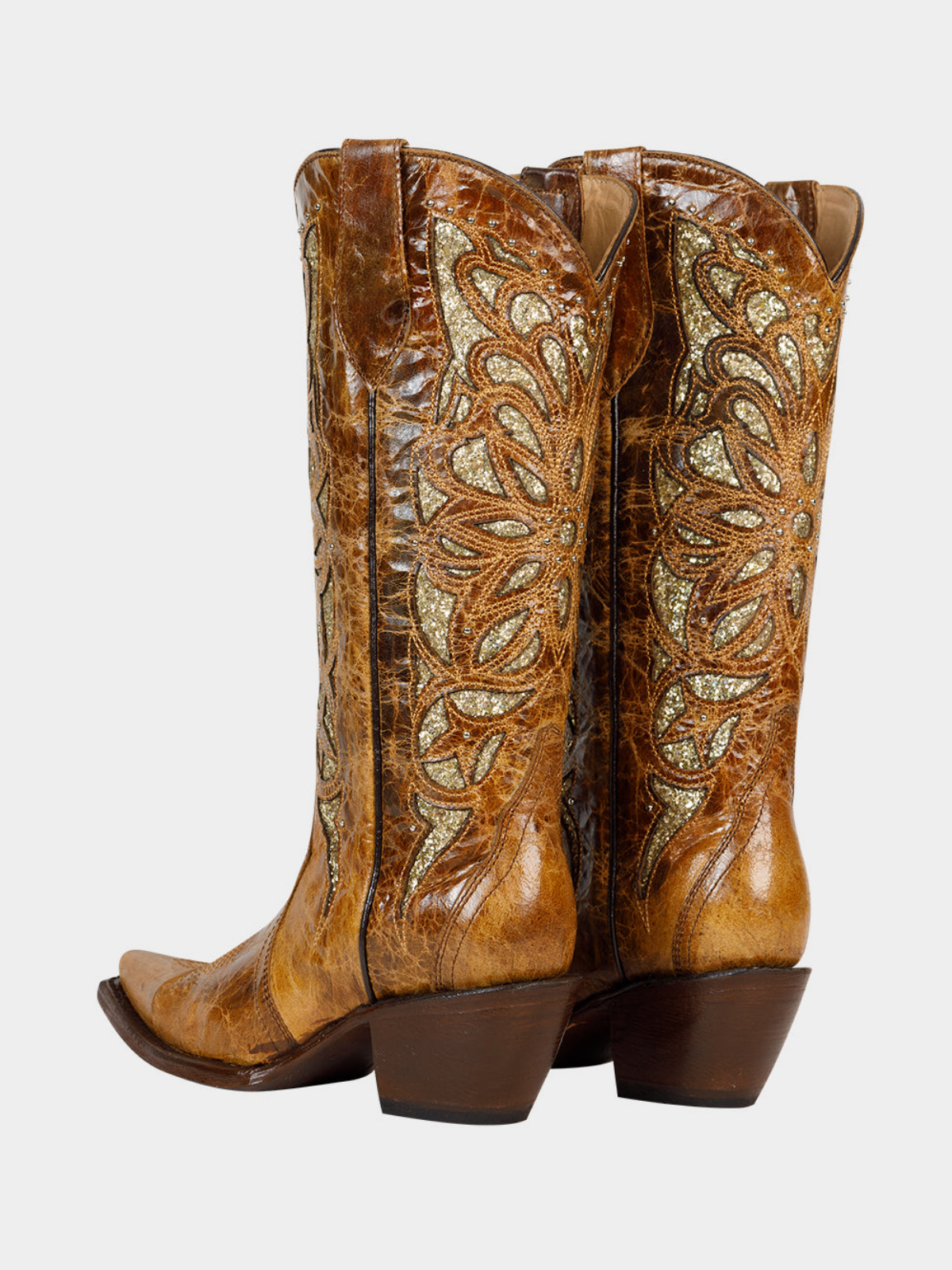 Distressed Honey Snip-Toe Studded Embroidery Glitter Inlay Wide Mid Calf Tall Cowgirl Boots