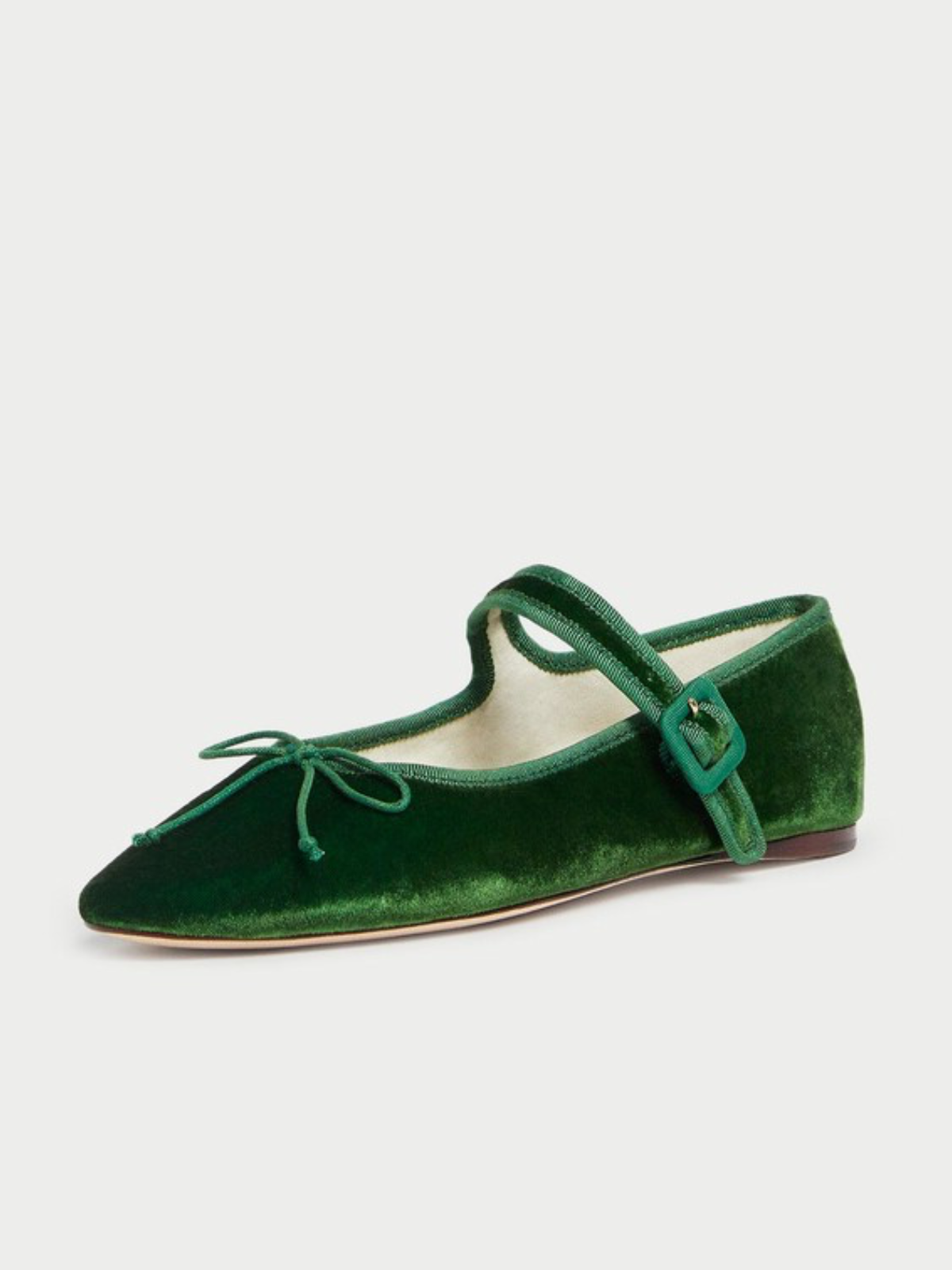 Green Velvet Almond-Toe Elastic Bridge Strap Bow Mary Janes Ballet Flats