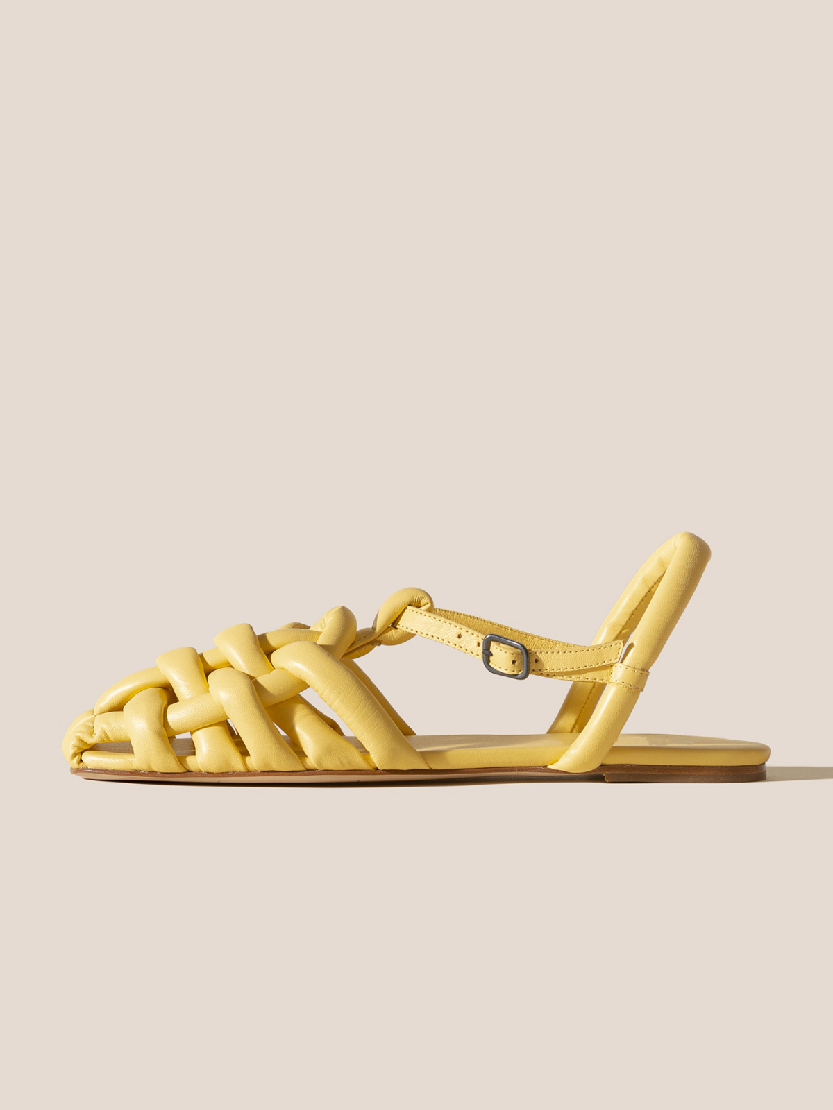 Yellow Padded Strap Interwined Square-Toe Flats Sandals With Ankle T-Strap