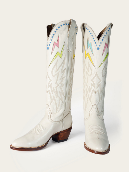 Rainbow Lightning Inlay Stitch Embroidery Almond-Toe Wide Mid Calf Cowgirl Boots - Ivory