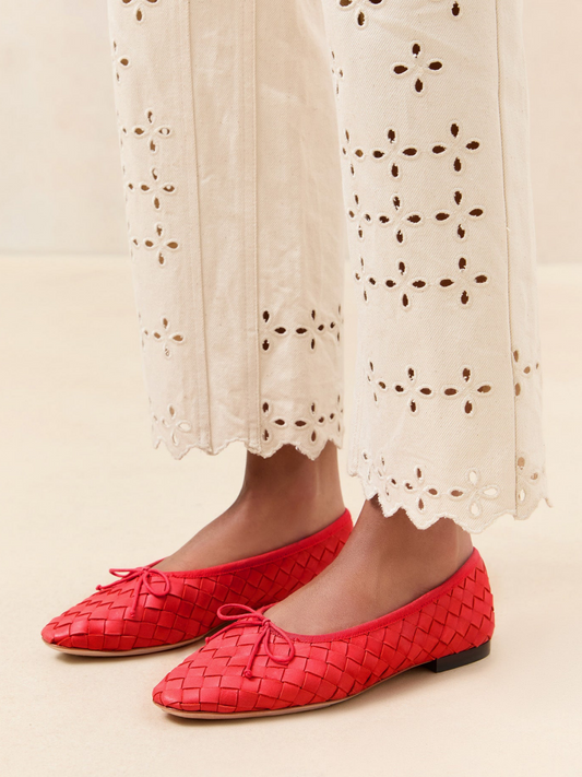 Red Almond-Toe Bow Woven Ballet Flats