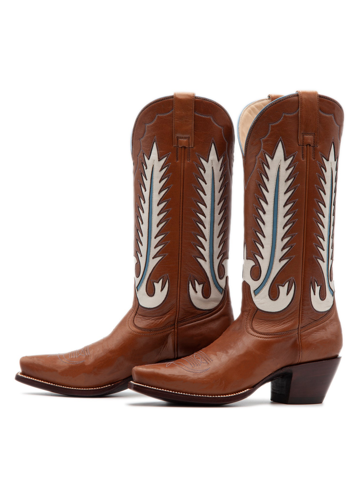 Caramel Brown Snip-Toe White Feather Inlay Wide Mid Calf Tall Cowgirl Boots