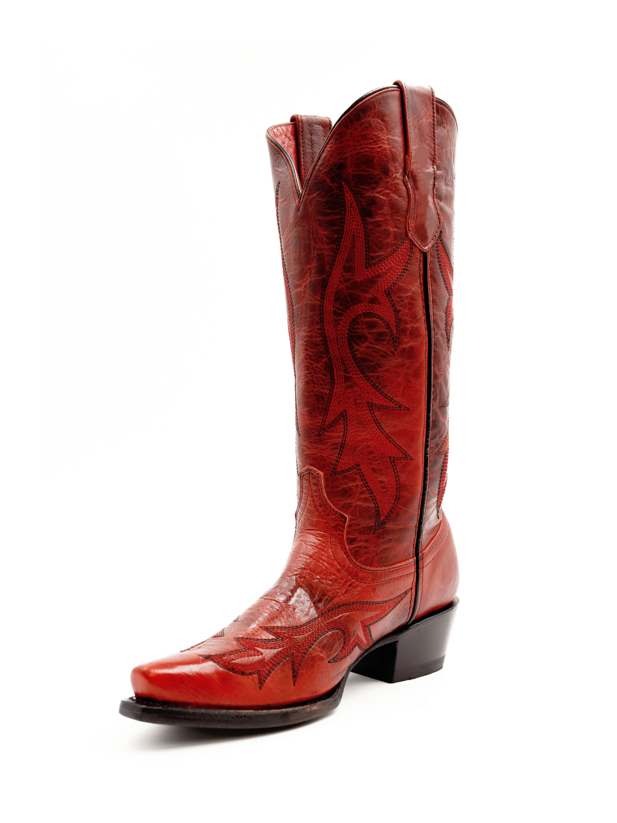 Distressed Red Embroidery Snip-Toe Wide Mid Calf Western Boots Cowgirl Tall Boots