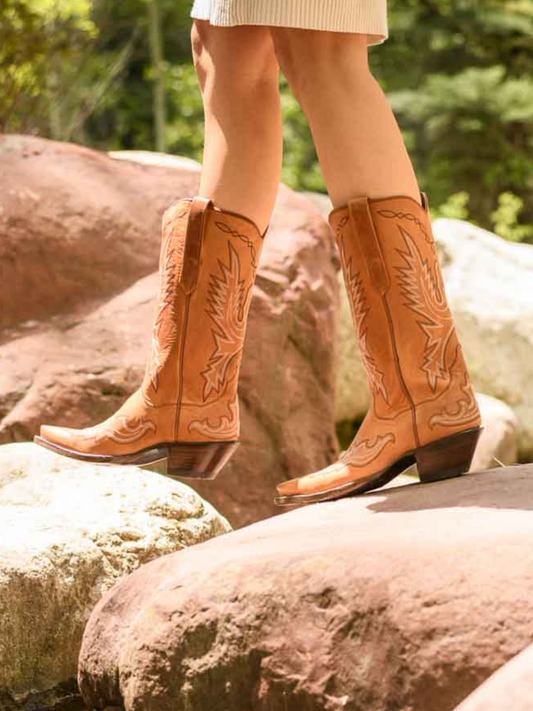 Snip-Toe Classic Embroidery Wide Mid Calf Tall Cowgirl Boots - Cognac