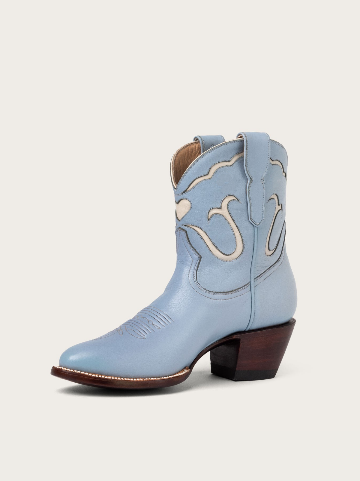 White Heart Inlay Almond-Toe Wide Mid Calf Cowgirl Boots - Powder Blue