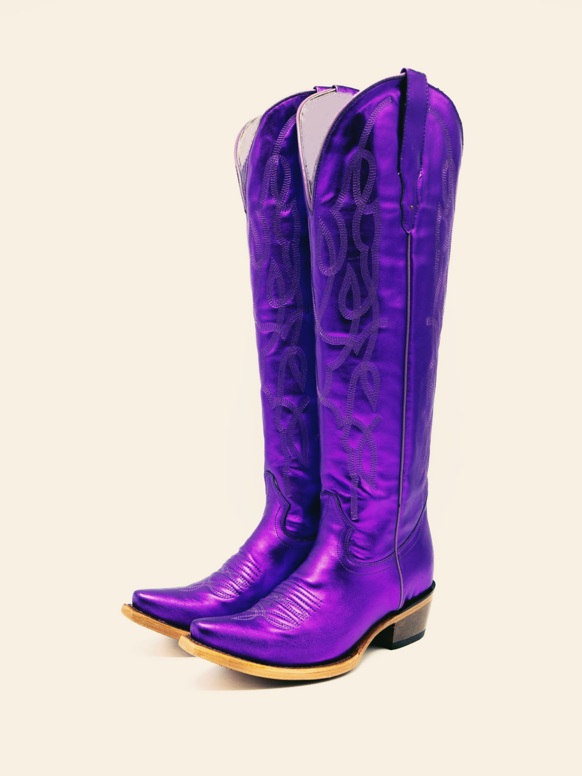 Metallic Purple Embroidery Snip-Toe Wide Calf Western Boots Knee High Tall Boots