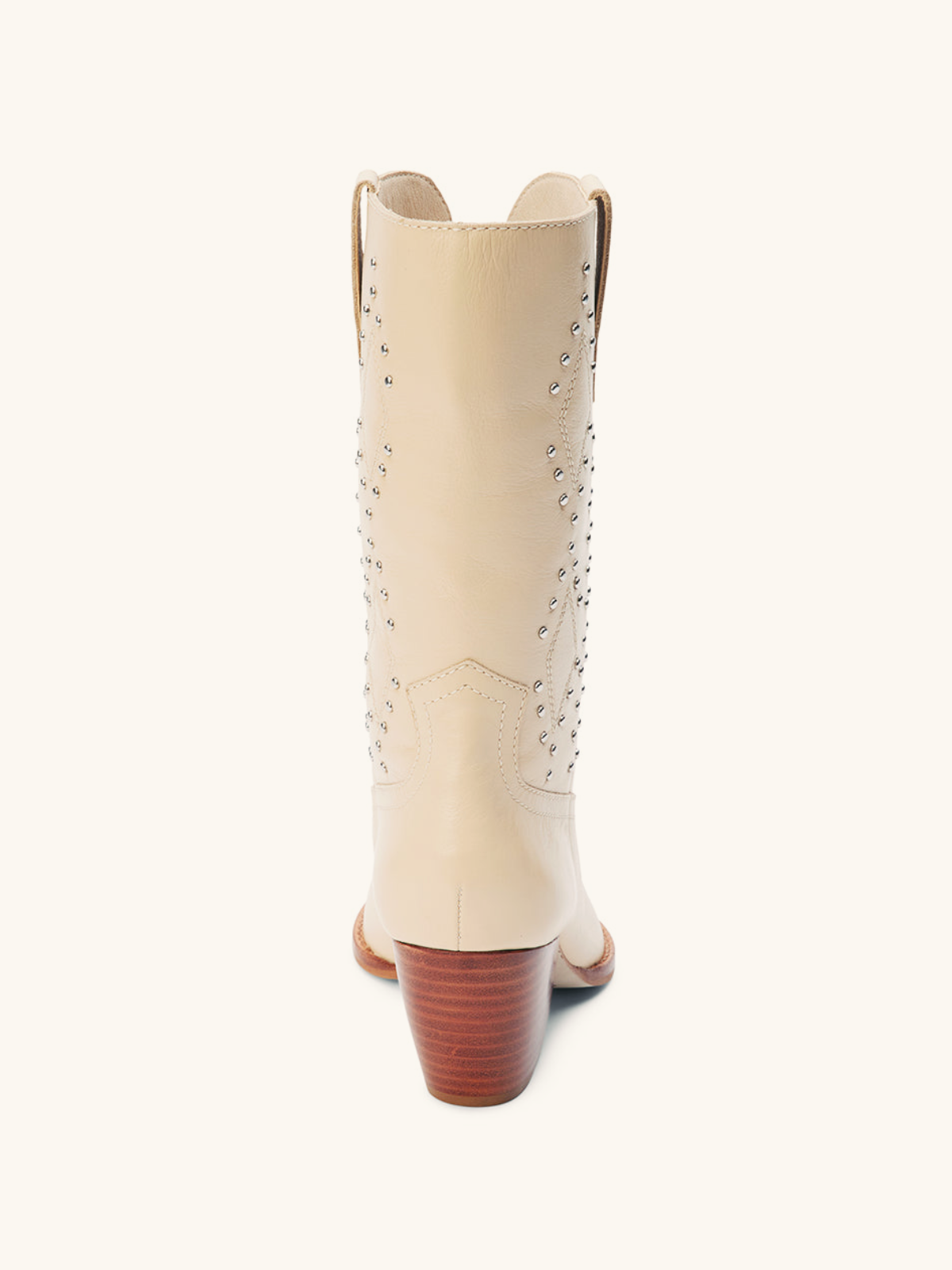 Ivory Stitch Studded Pointed-Toe Wide Mid Calf Western Boots Cowgirl Boots