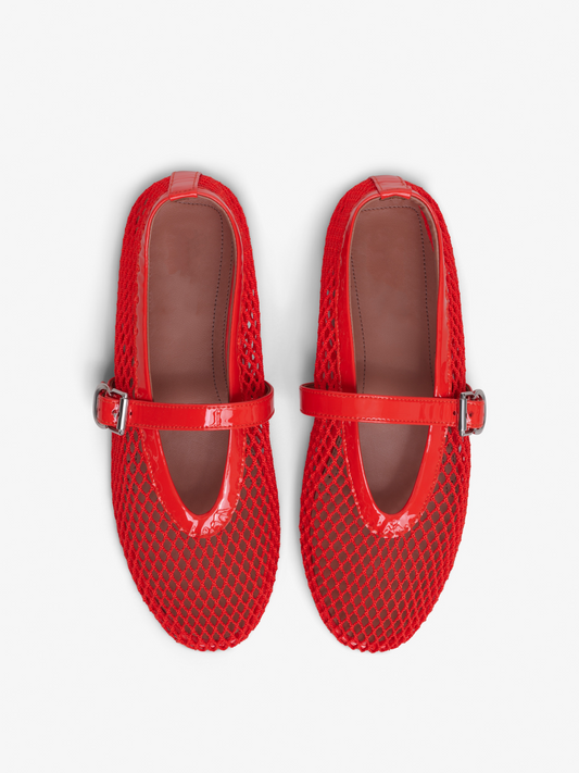 Red Fishnet Ballet Flats Mary Janes With Buckle Strap