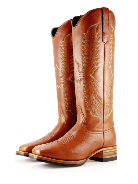 Cognac Embroidery Square-Toe Wide Mid Calf Tall Cowgirl Boots