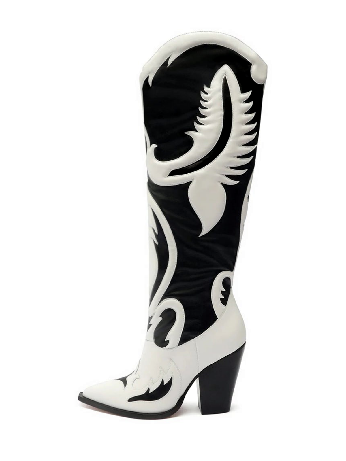 Contrast Black And White Pointed-Toe Padded Applique Half-Zip Mid Calf Cowgirl Boots