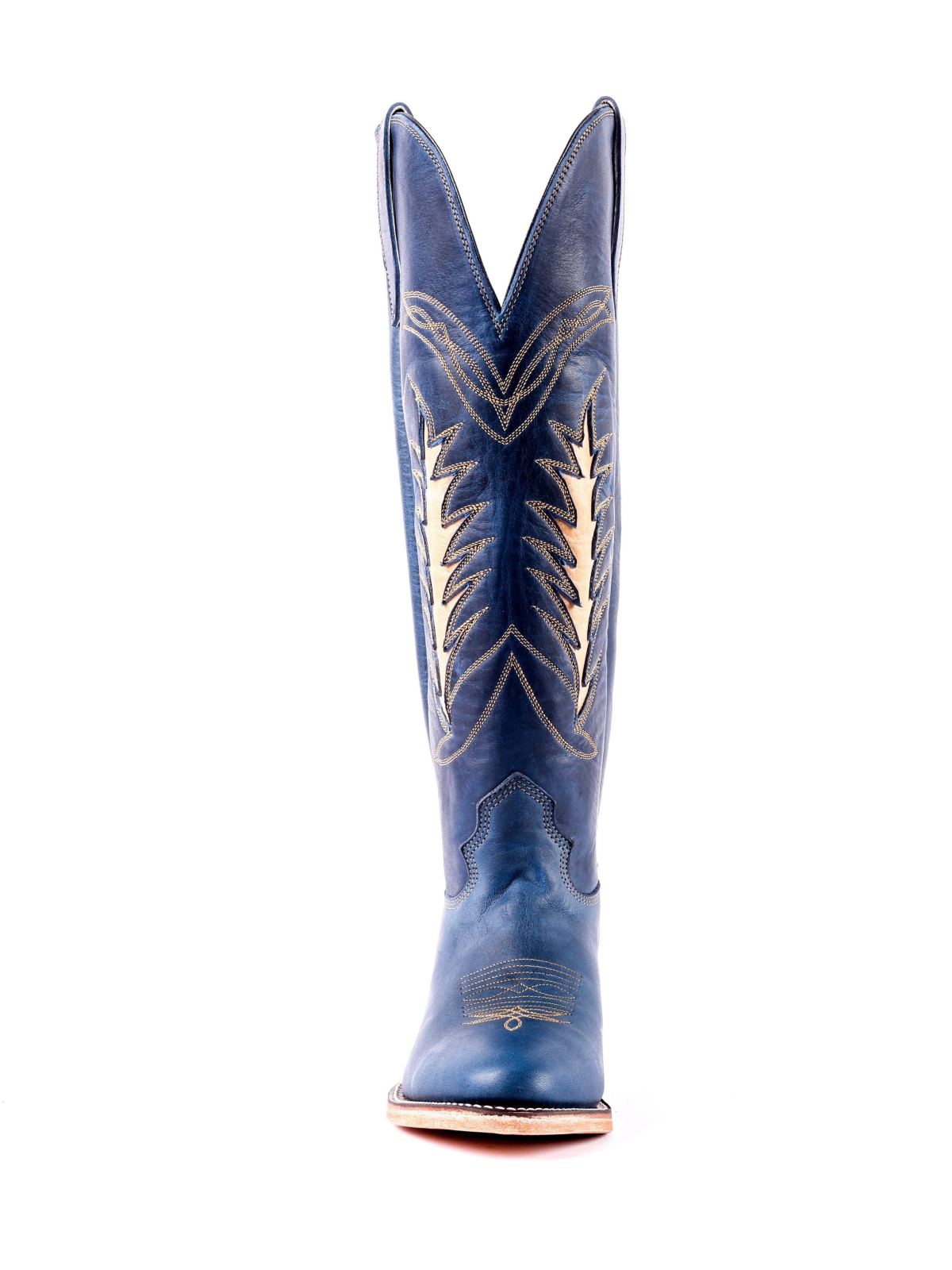 Dark Blue Almond-Toe Inlay Embroidery Wide Mid Calf Tall Cowgirl Boots