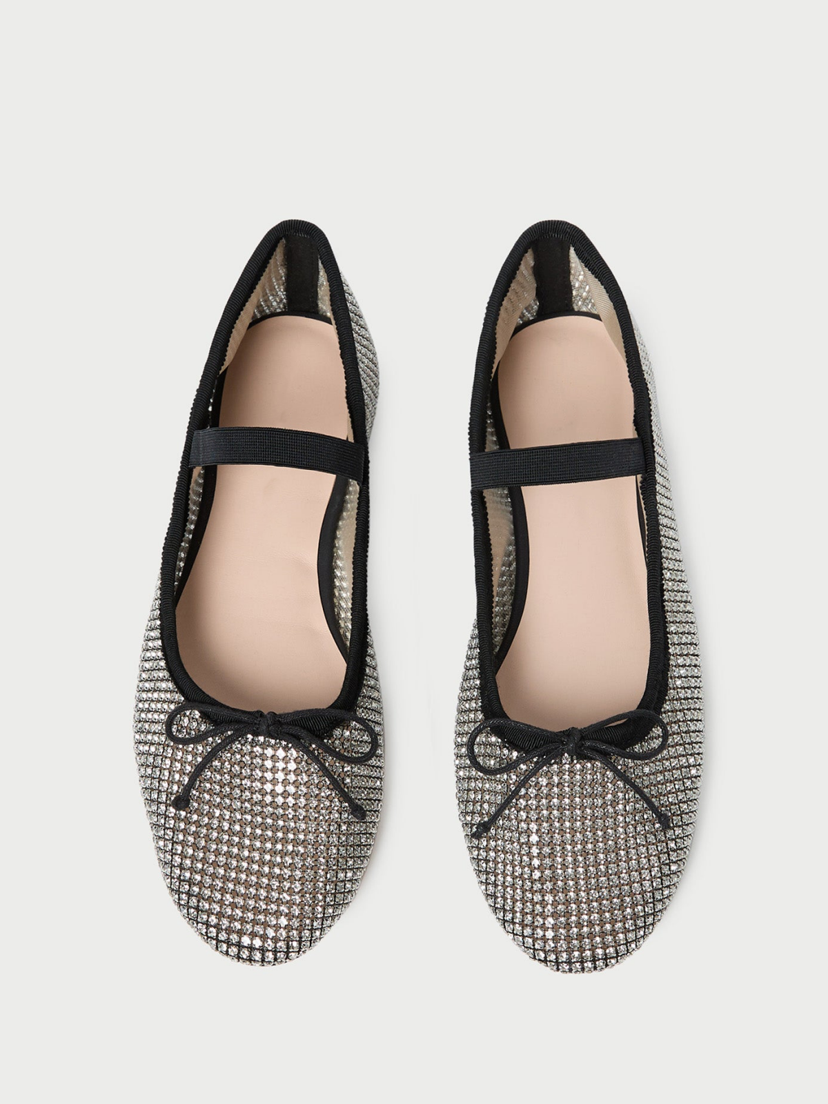 Black Almond-Toe Mesh Rhinestone Bridge Strap Bow Ballet Flats