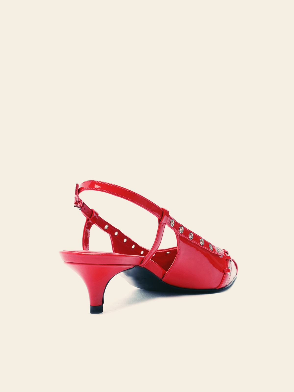 Red Patent Strappy Eyelet Pointy Kitten Heels Slingback Pumps