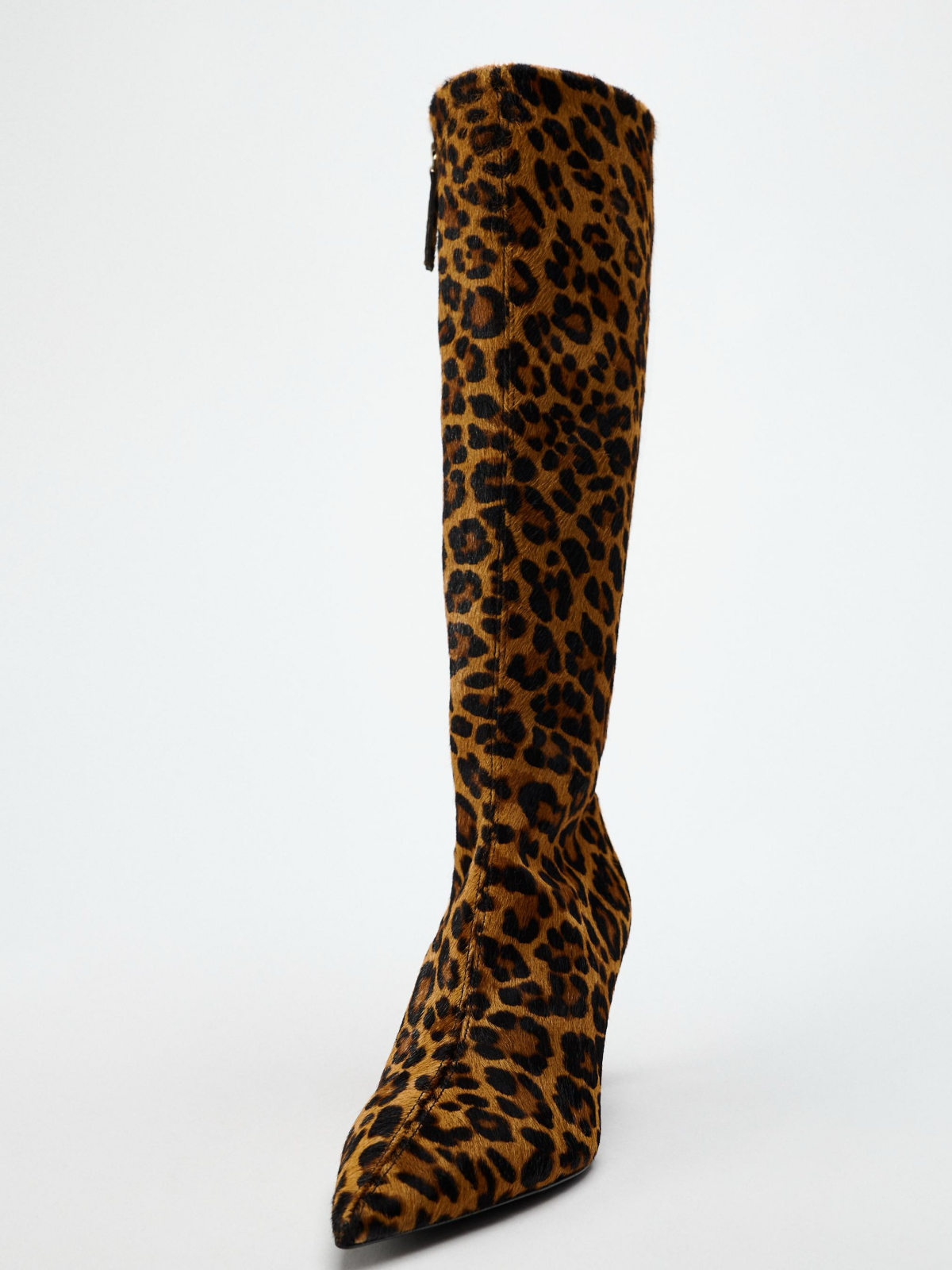 Leopard Faux Pony Hair Vegan Leather Pointed-Toe Full-Zip Mid Calf Stiletto Boots