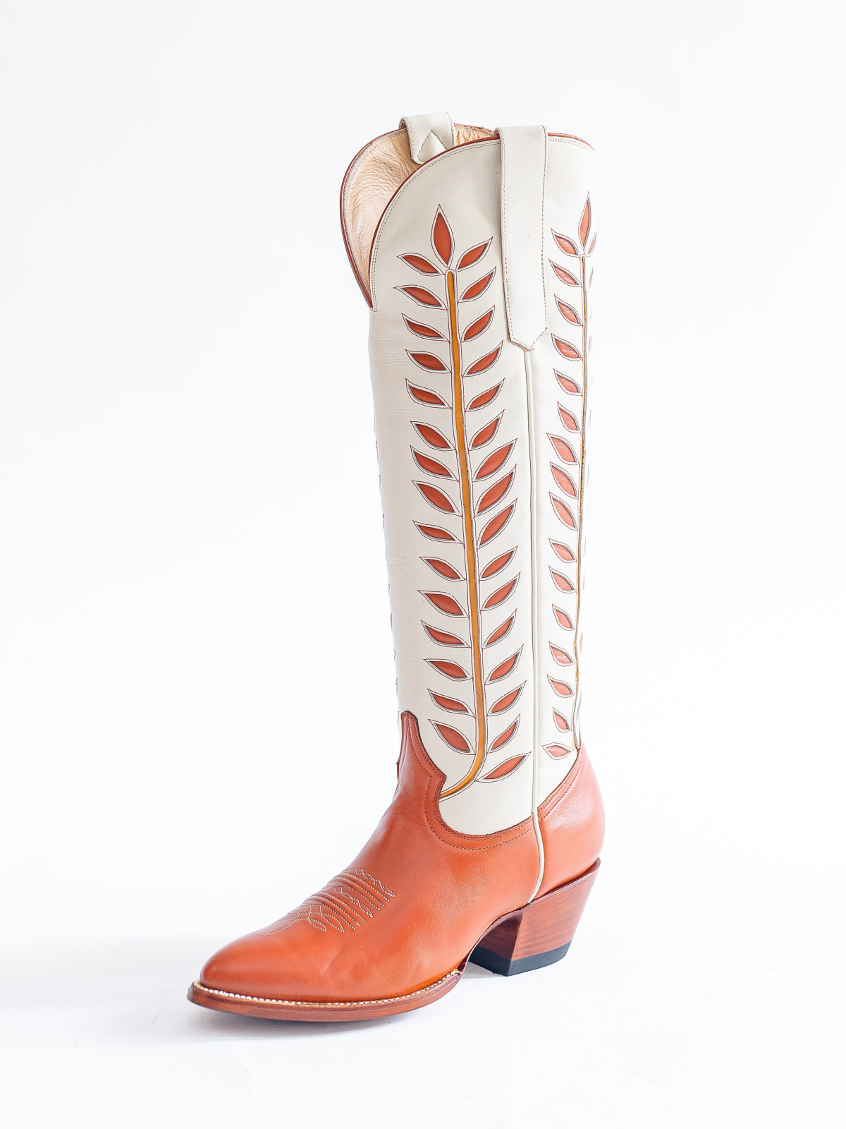 Almond-Toe Leaves Inlay Wide Calf Tall Knee High Cowgirl Boots - Contrast Orange And Ivory