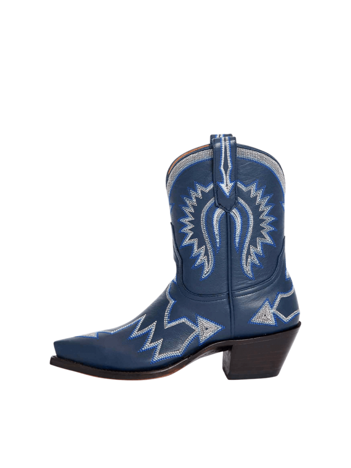 Jagged Embroidery Snip-Toe Wide Mid Calf Cowgirl Boots - Navy Blue