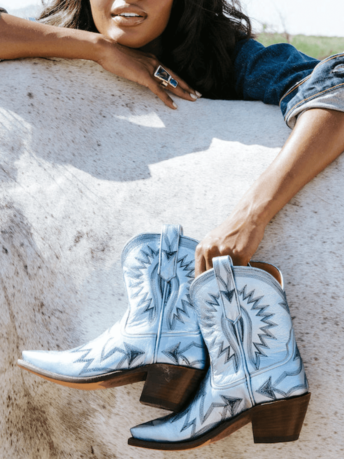 Metallic Embroidery Snip-Toe Wide Mid Calf Cowgirl Boots - Light Blue