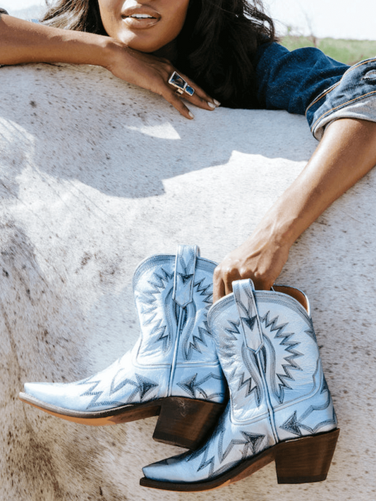 Metallic Embroidery Snip-Toe Wide Mid Calf Cowgirl Boots - Light Blue