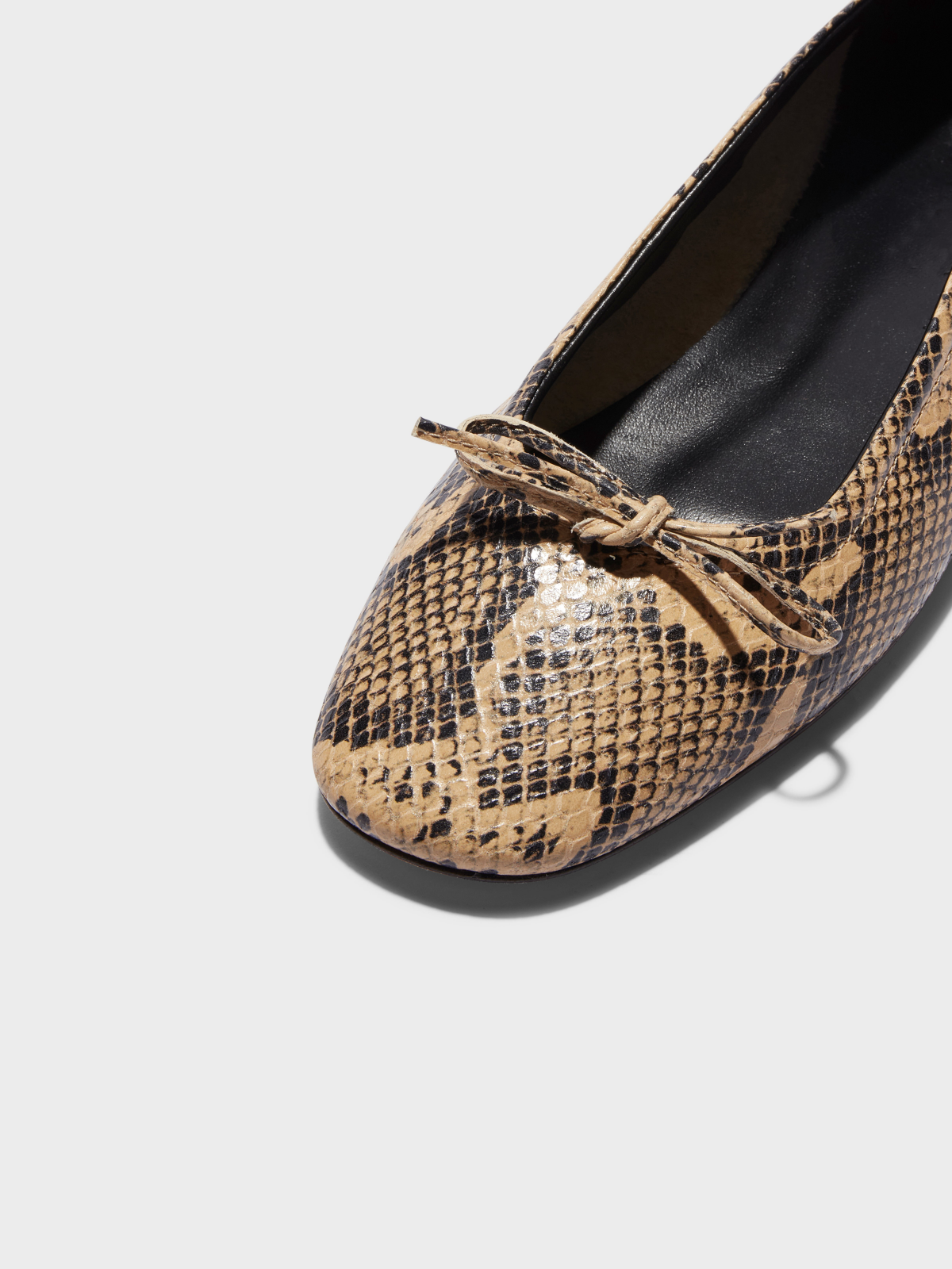 Latte Snakeskin Square-Toe Ballet Flats Bow