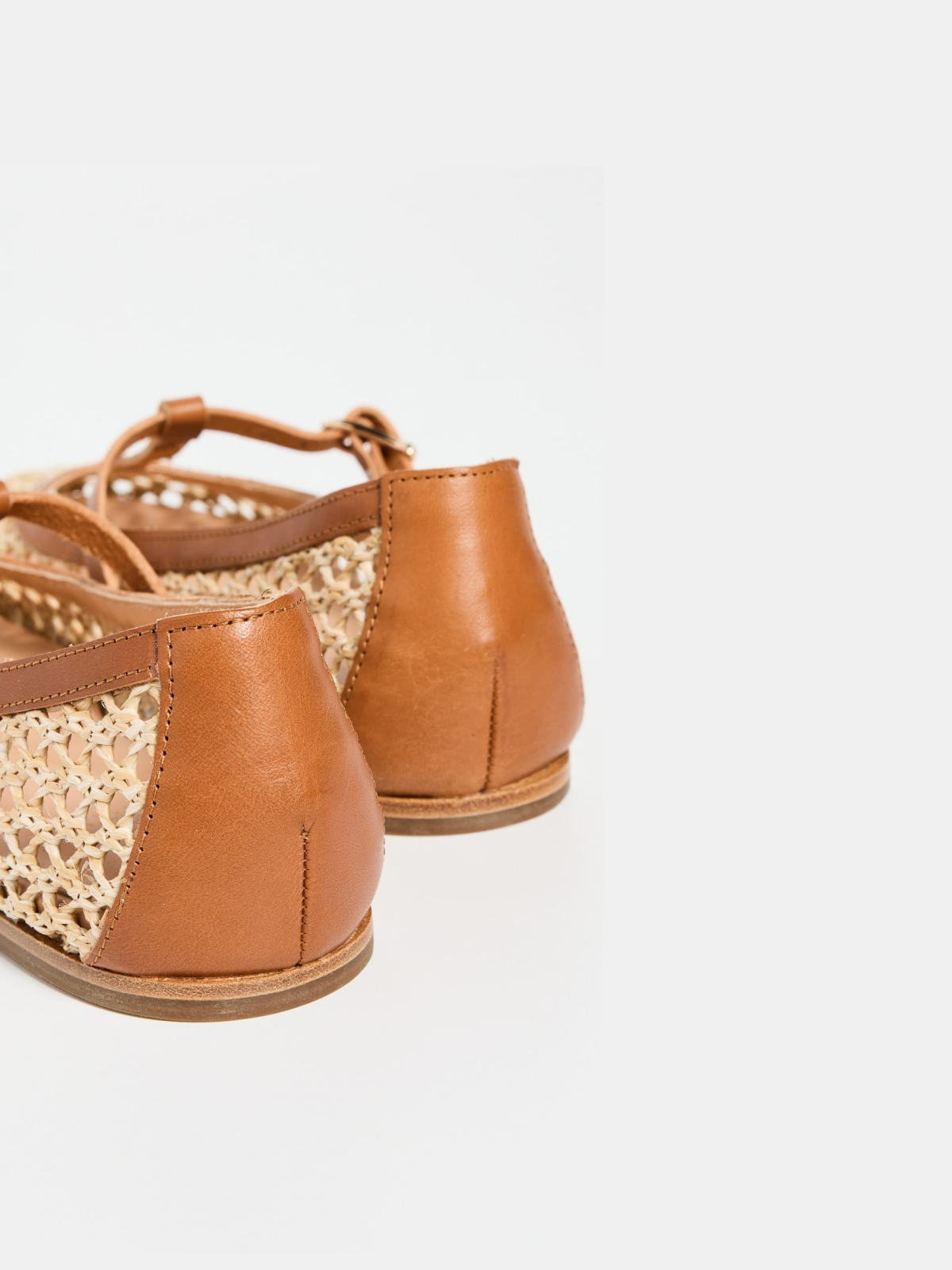 Beige Crochet Raffia Woven Ballet Flats With Brown Buckled T-Strap