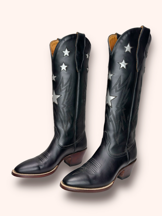 Metallic Star Inaly Embroidery Almond-Toe Wide Mid Calf Tall Cowgirl Boots - Black