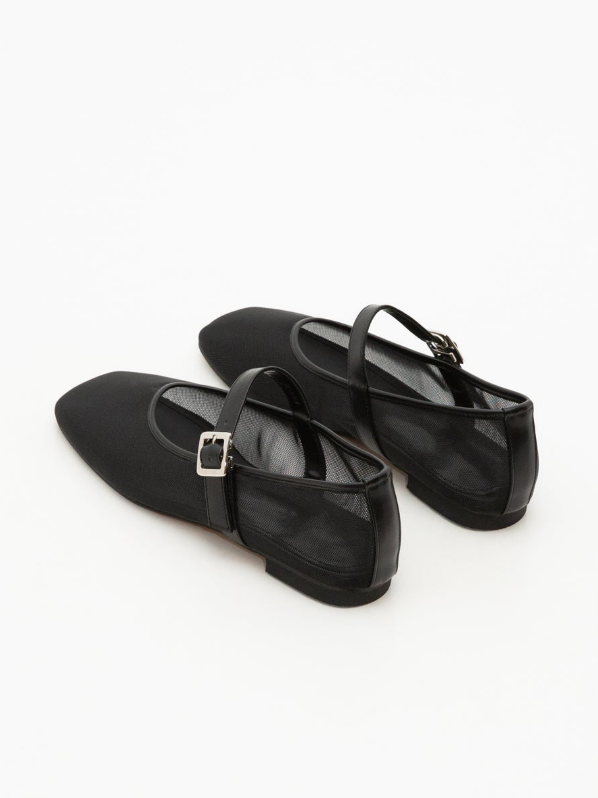 Black Square-Toe Mesh Flats Mary Janes With Buckled Strap