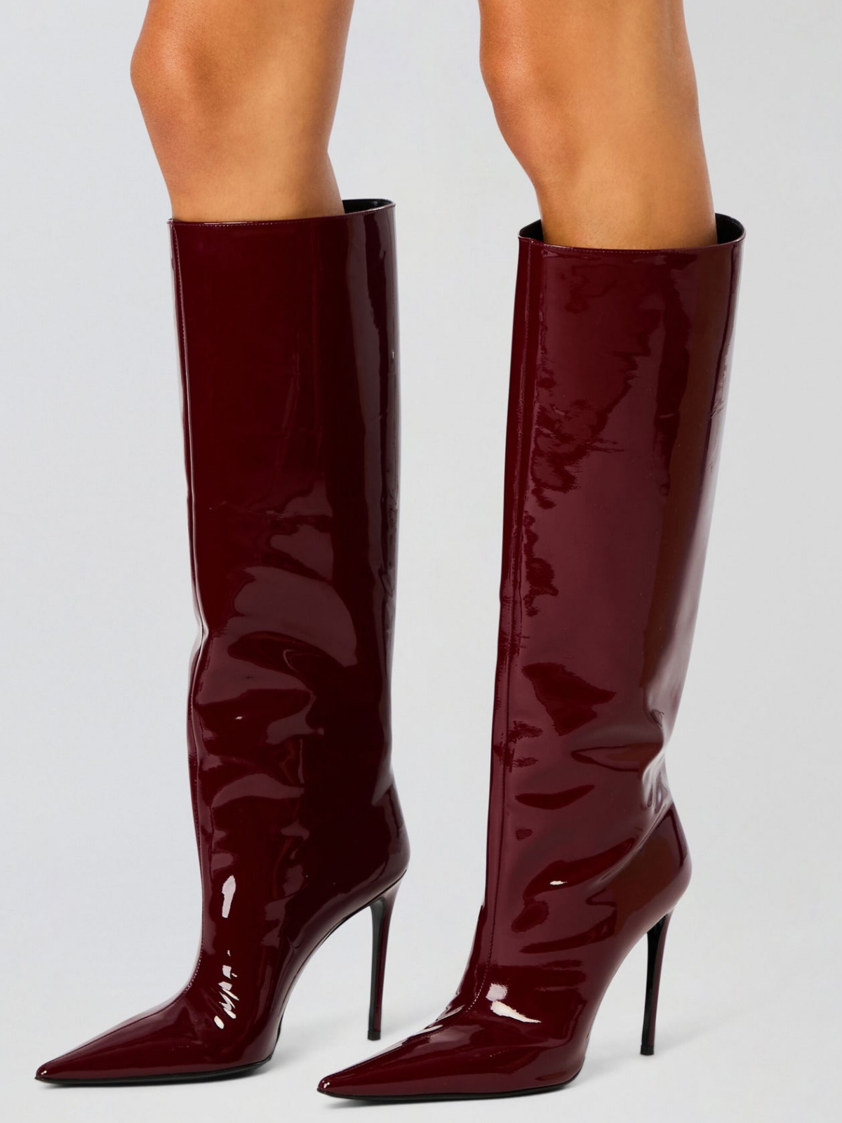 Patent Burgundy Pointed-Toe Wide Calf Tall Knee High Boots