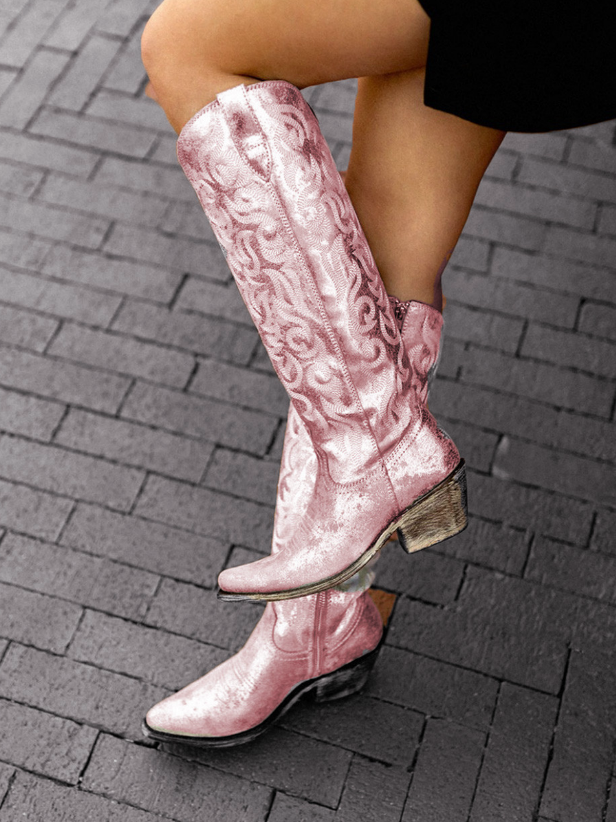 Distressed Metallic Round Pointed-Toe Embroidery Full-Zip Tall Knee High Cowgirl Boots - Pink