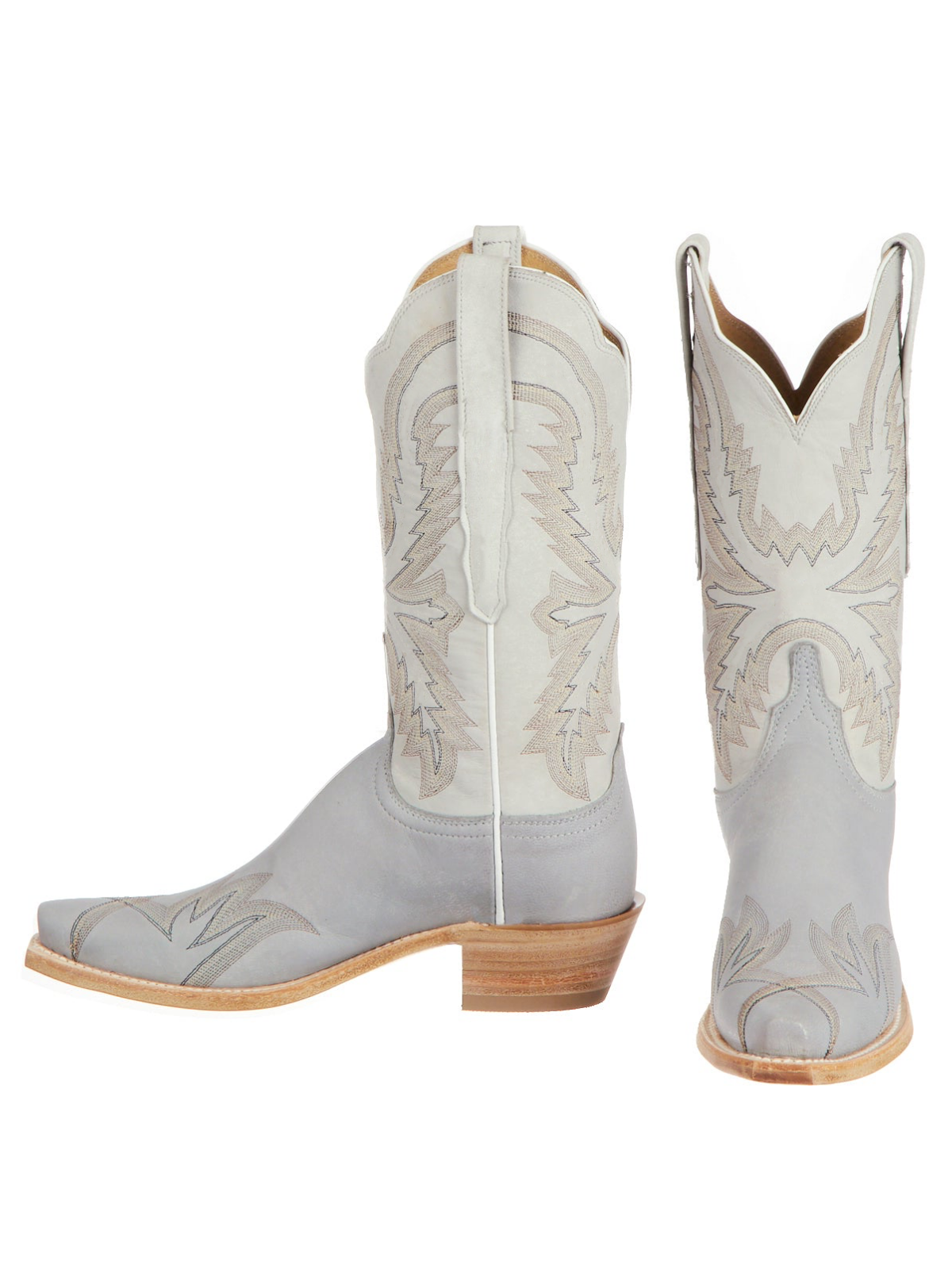 Contrast Ivory And Gray Snip-Toe Classic Embroidery Wide Calf Tall Knee High Cowgirl Boots