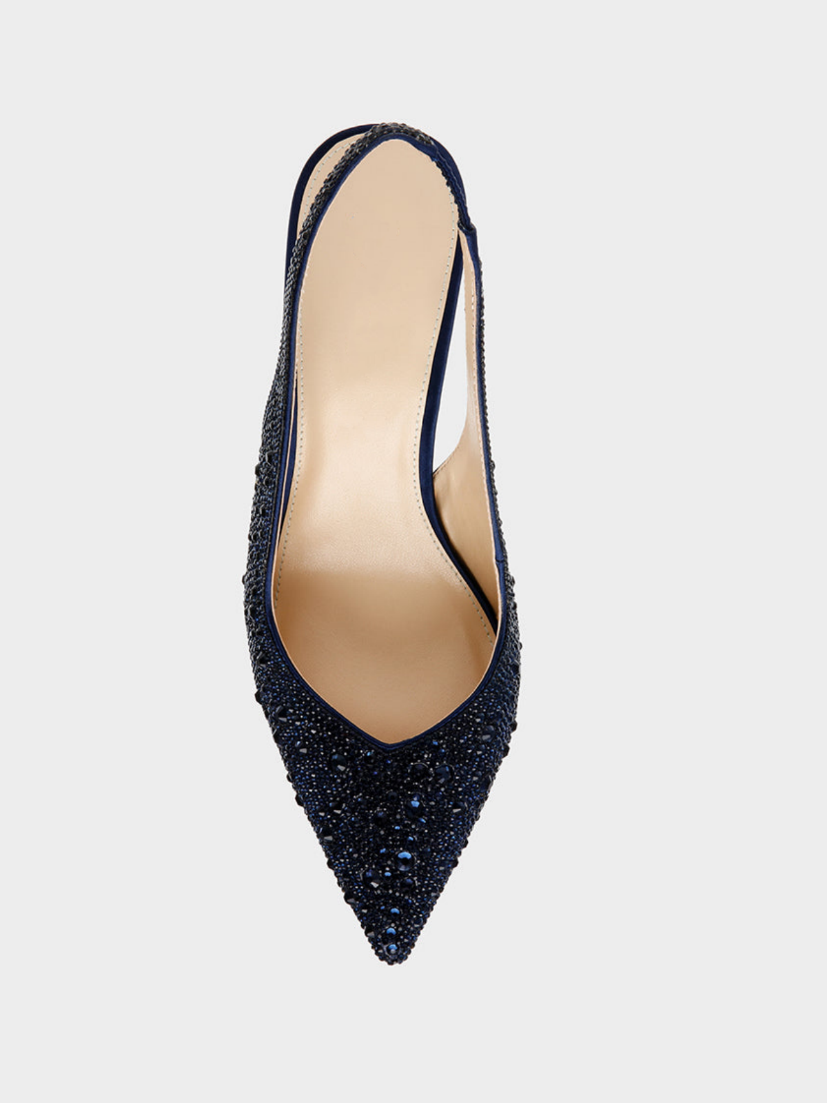 Navy Blue Faux Suede Pointed-Toe Rhinestone Slingback Kitten Heels