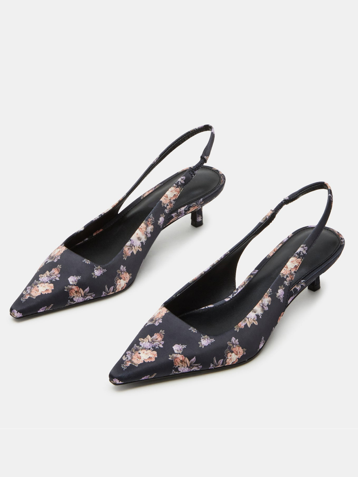 Dark Blue Floral Silk Fabric Pointed-Toe Slingback Strap Kitten Heels