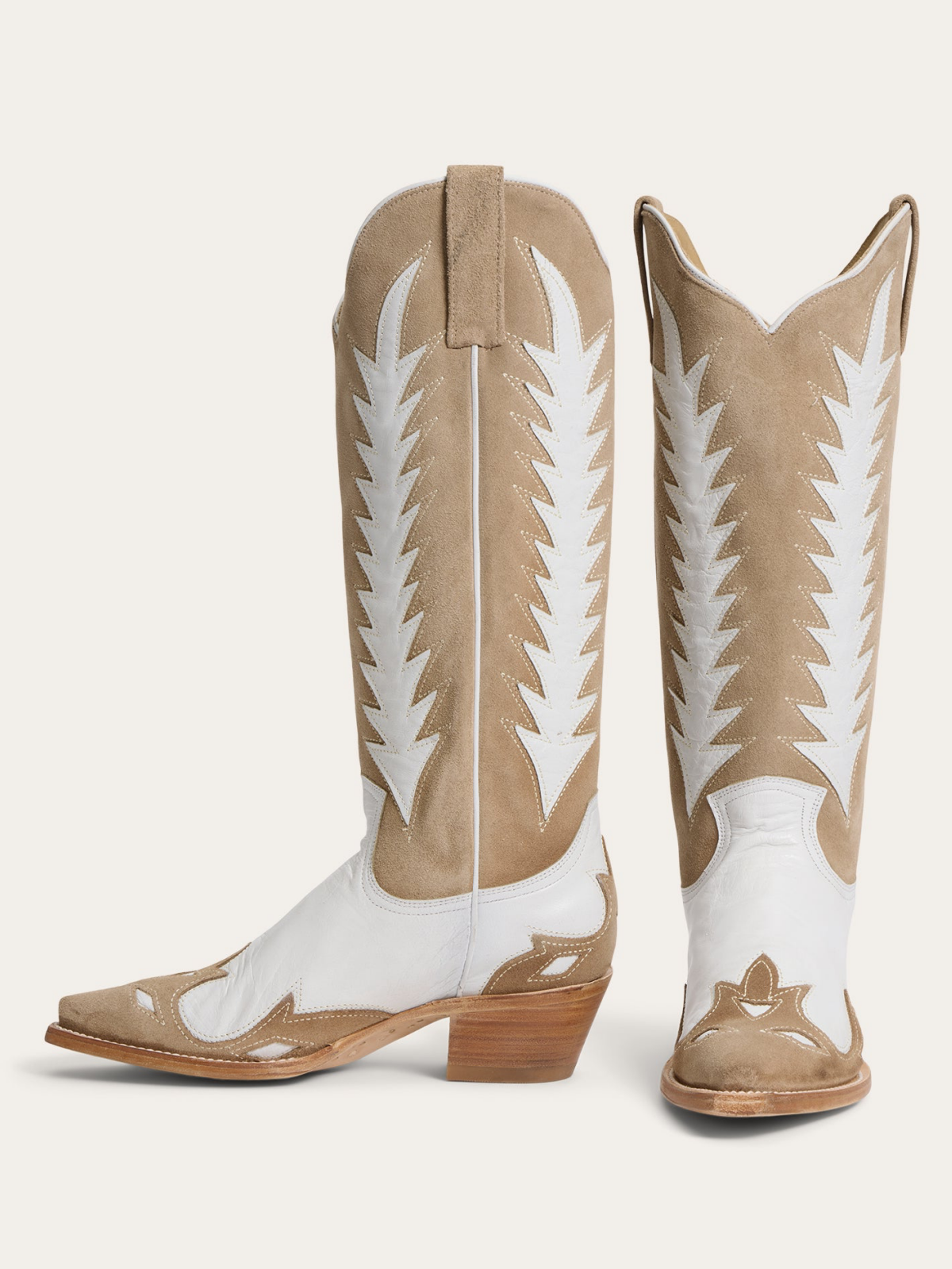 Contrast White And Tan Faux Suede Snip-Toe Flame Applique Wide Mid Calf Tall Cowgirl Boots