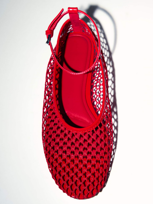 Red Fishnet Mesh Ballet Flats With Buckled Ankle Bracelet