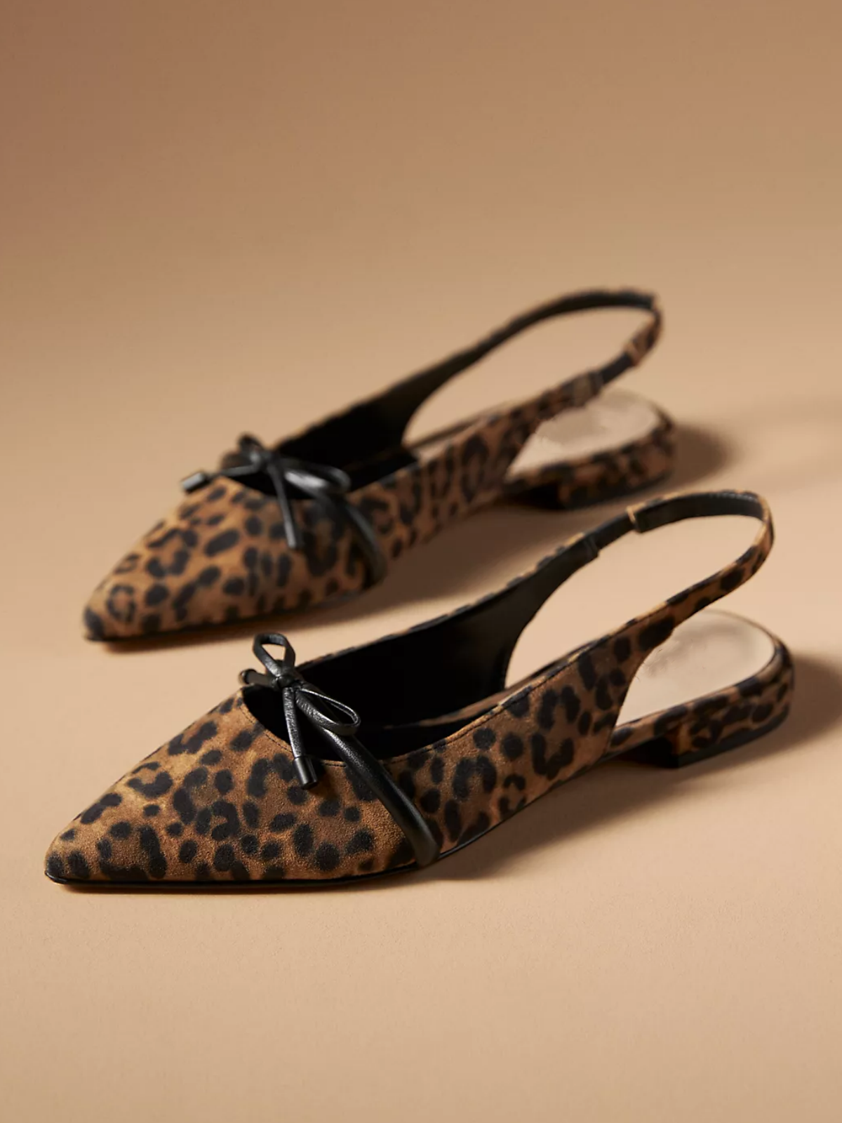 Leopard Faux Suede Pointed-Toe Bow Slingback Flats