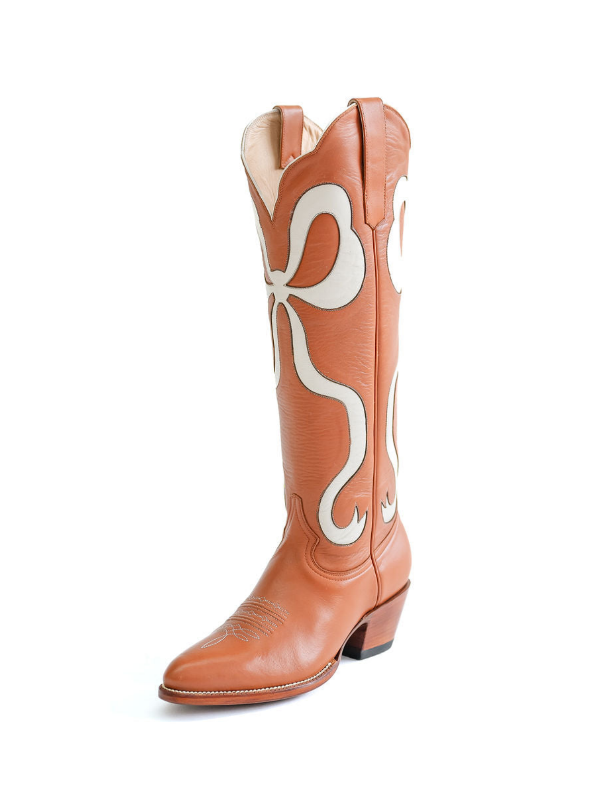 Latigo Almond-Toe Wide Calf Western Boots Knee High Tall Boots With Ivory Bowknot Inlay