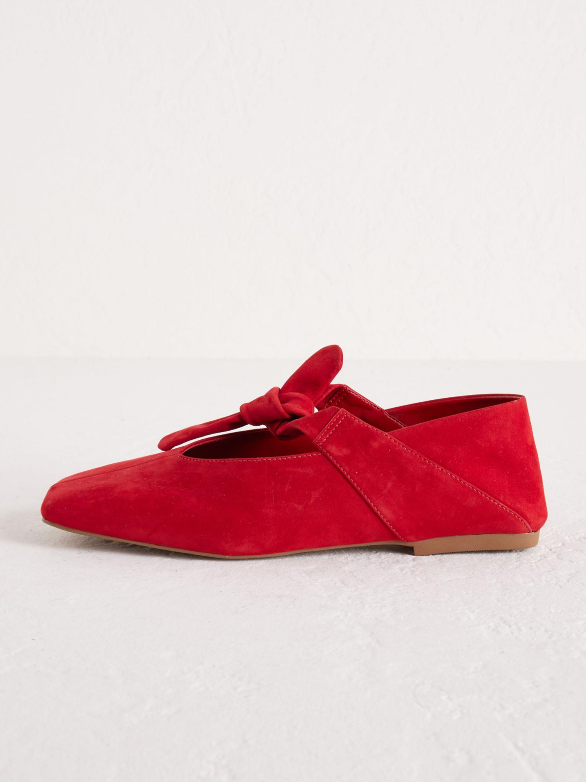 Red Faux Suede Square Toe Knot Bow Mary Janes Tied Flats Slippers