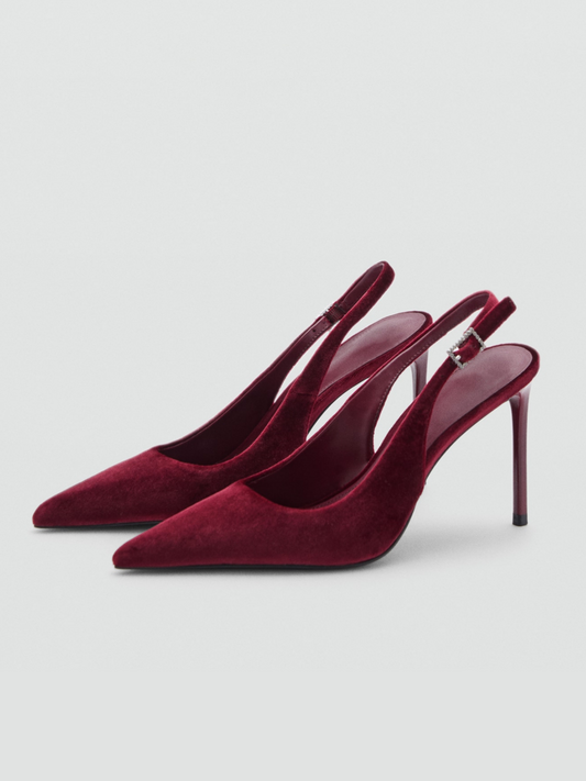 Red Velvet Pointed-Toe Slingback Buckle High Heels