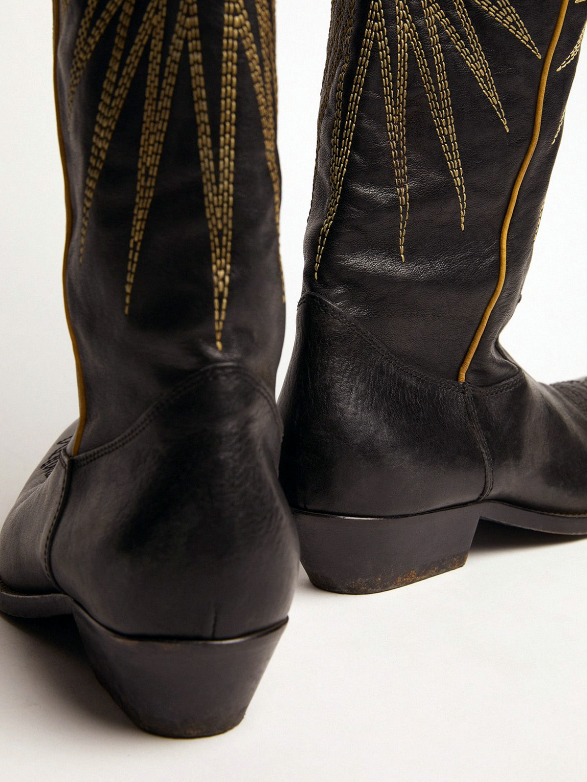 Black Snip-Toe Platinum Star Burst Inlay Embroidery Wide Calf Tall Knee High Cowgirl Boots