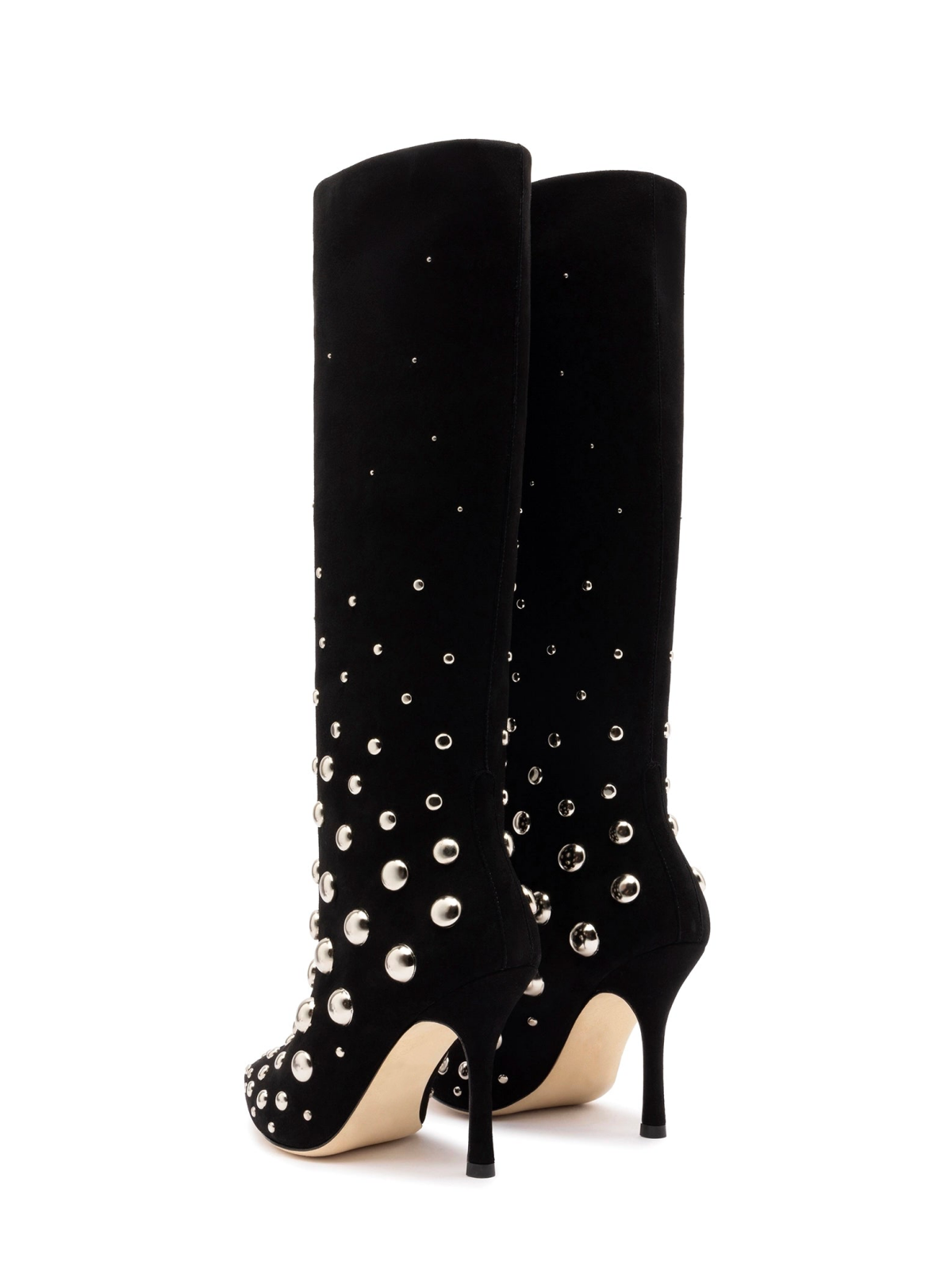 Black Faux Suede Pointed-Toe Wide Mid Calf Stiletto Boots With Studs