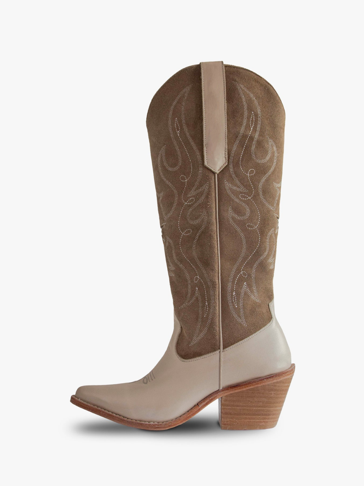 Contrast Taupe Faux Suede And Gray Snip-Toe Embroidery Star Inlay Wide Mid Calf Cowgirl Boots