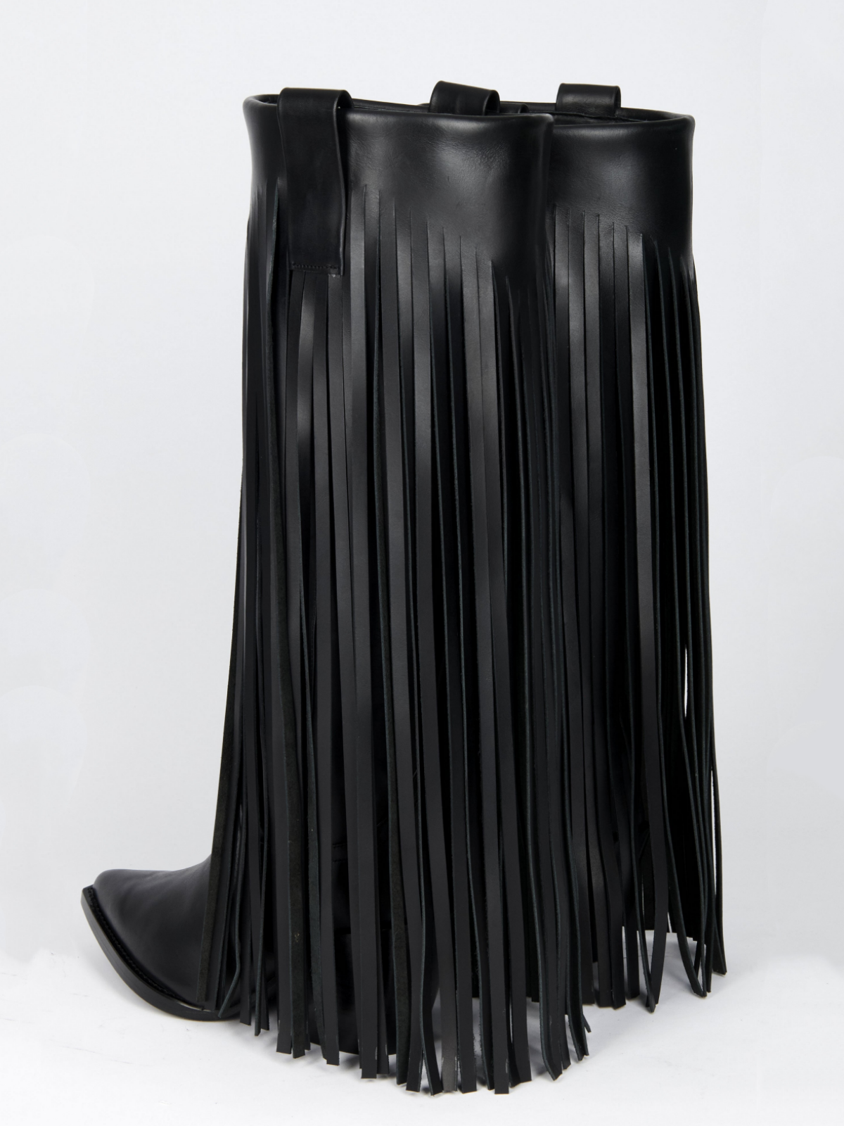 Black Snip-Toe Fringed Folded Panel Wide Mid Calf Boots