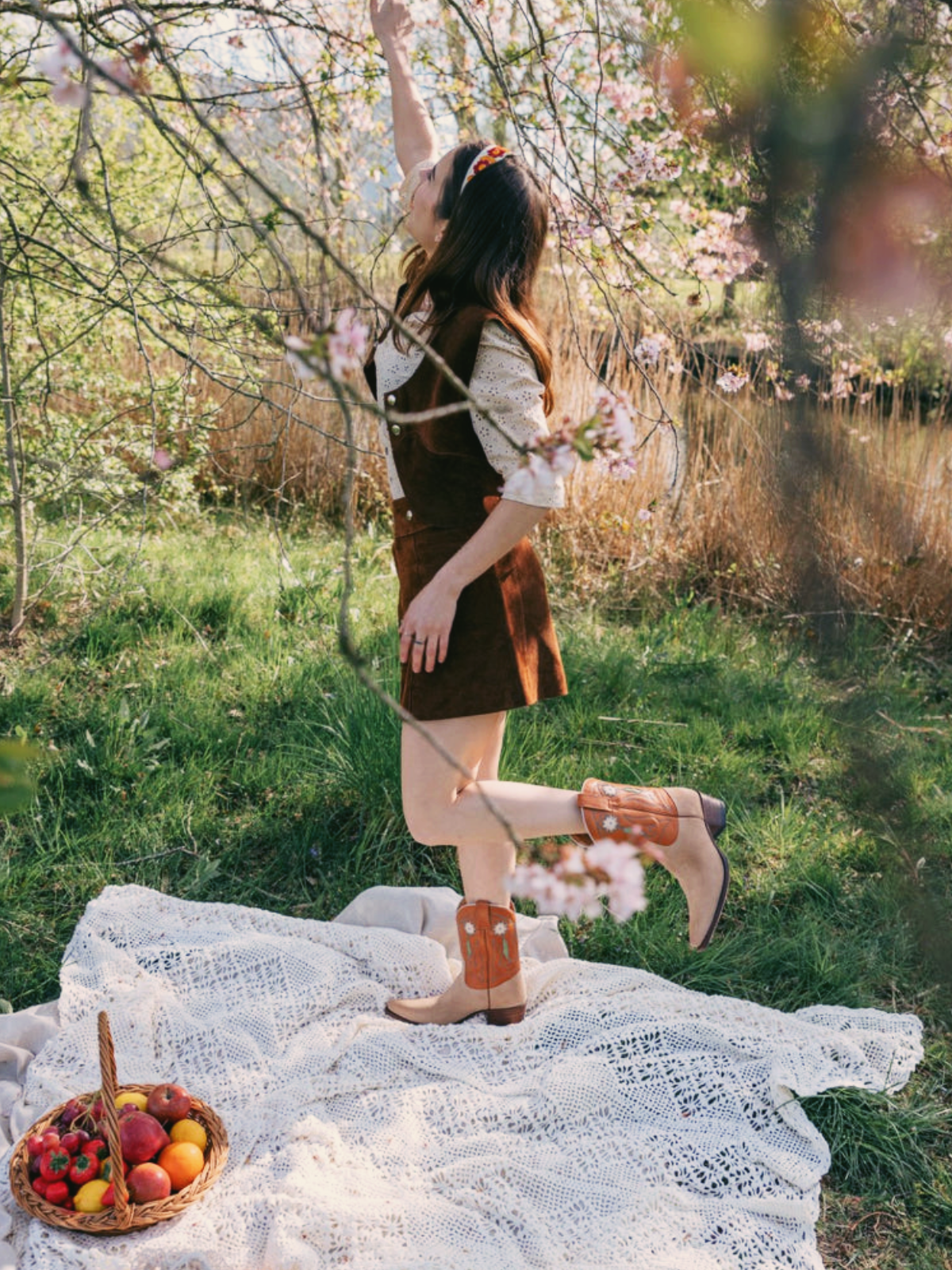 Contrast Orange And Tan Faux Suede Snip-Toe Cowgirl Ankle Booties With White Flower Inlay