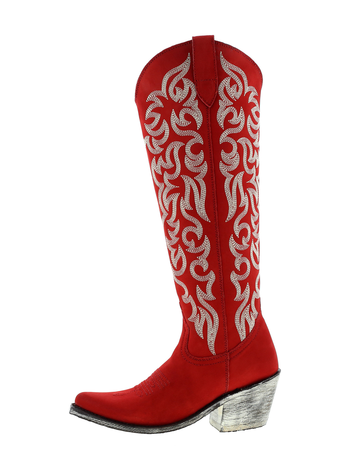 Embroidery Almond-Toe Full-Zip Knee High Tall Cowgirl Boots - Red