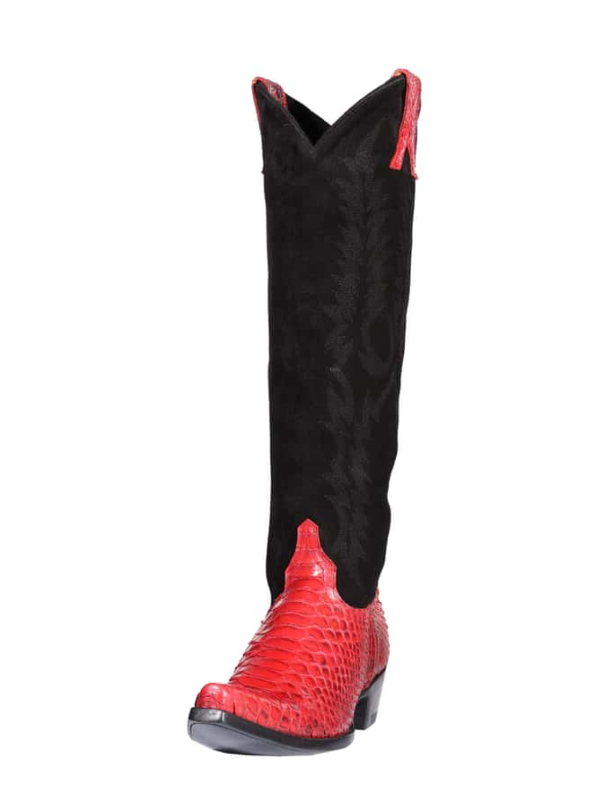 Contrast Black Faux Suede And Red Snakeskin Snip-Toe Embroidery Half-Zip Knee High Cowgirl Boots