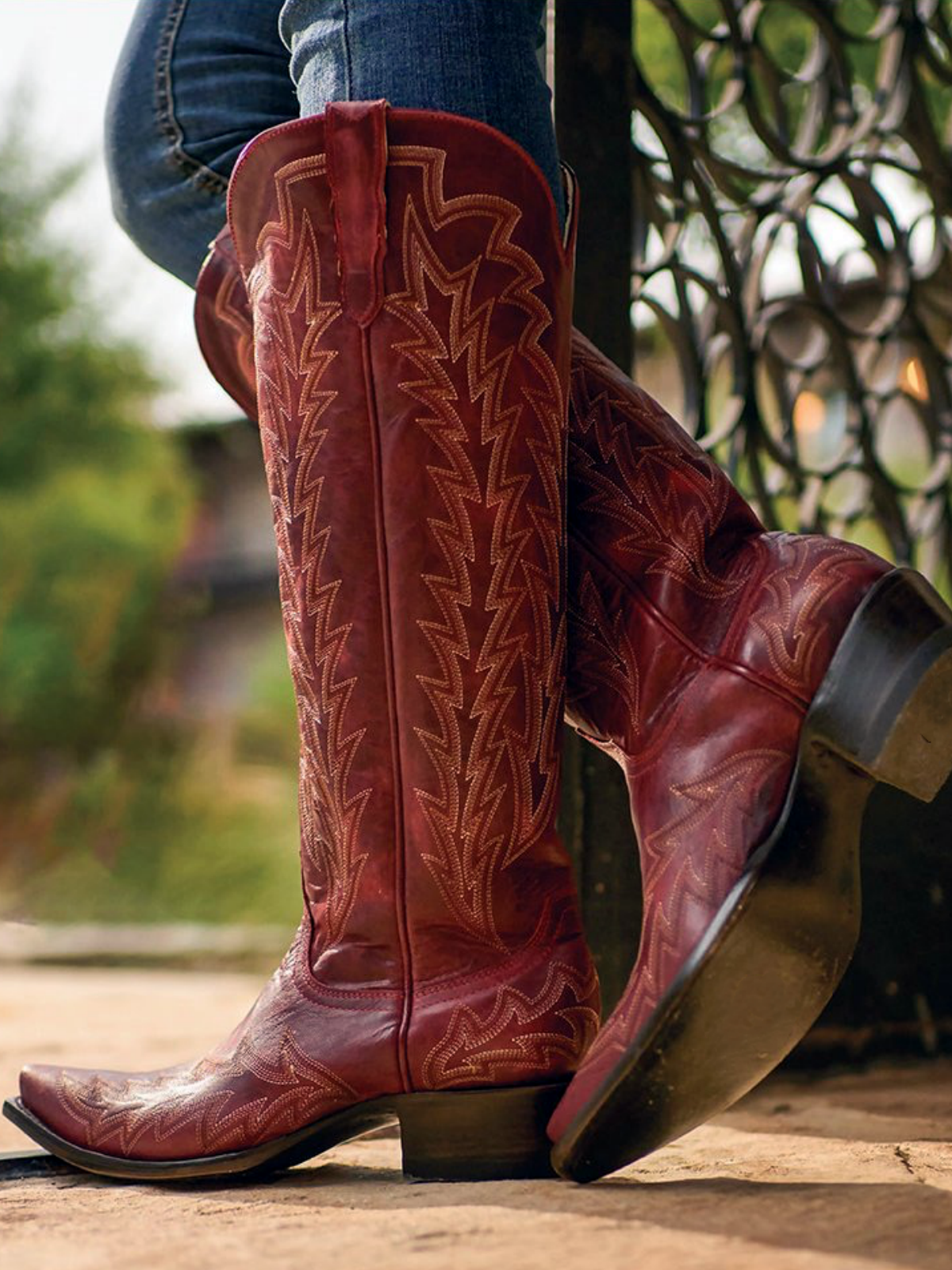 Burgundy Red Leaf Embroidery Wide Calf Knee High Tall Boots