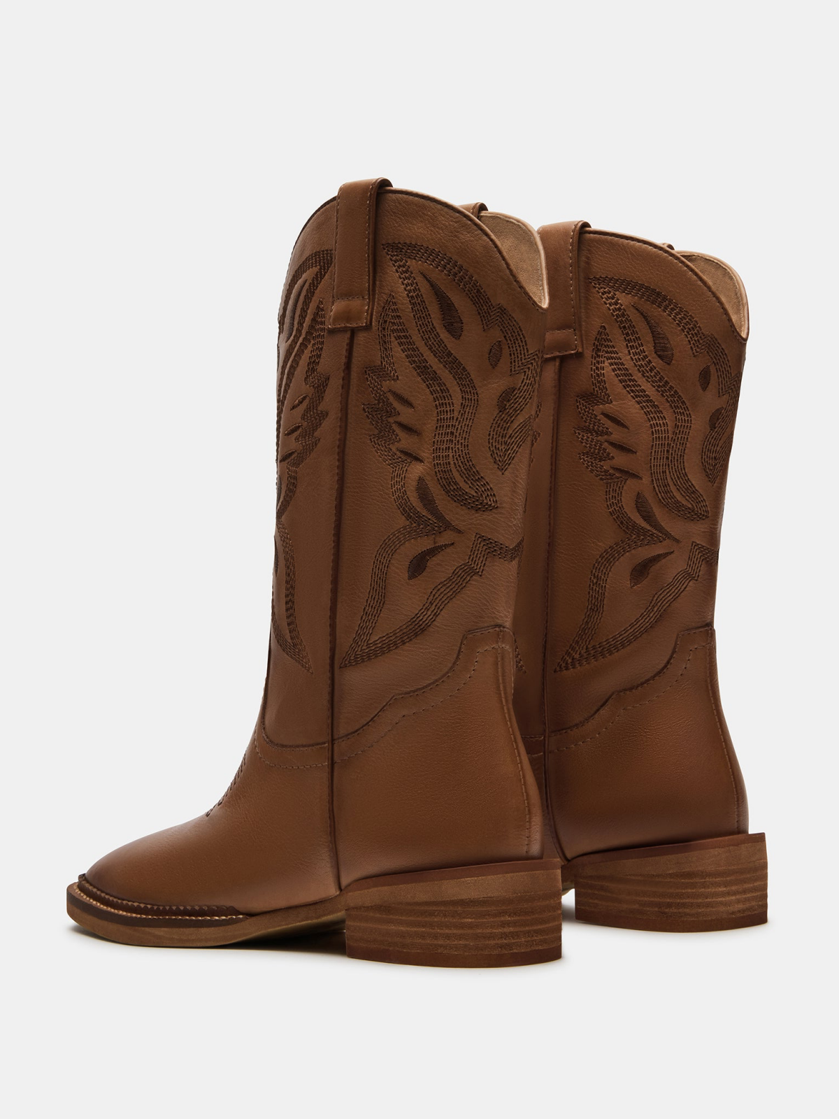 Cognac Square-Toe Classic Embroidery Wide Mid Calf Cowgirl Boots