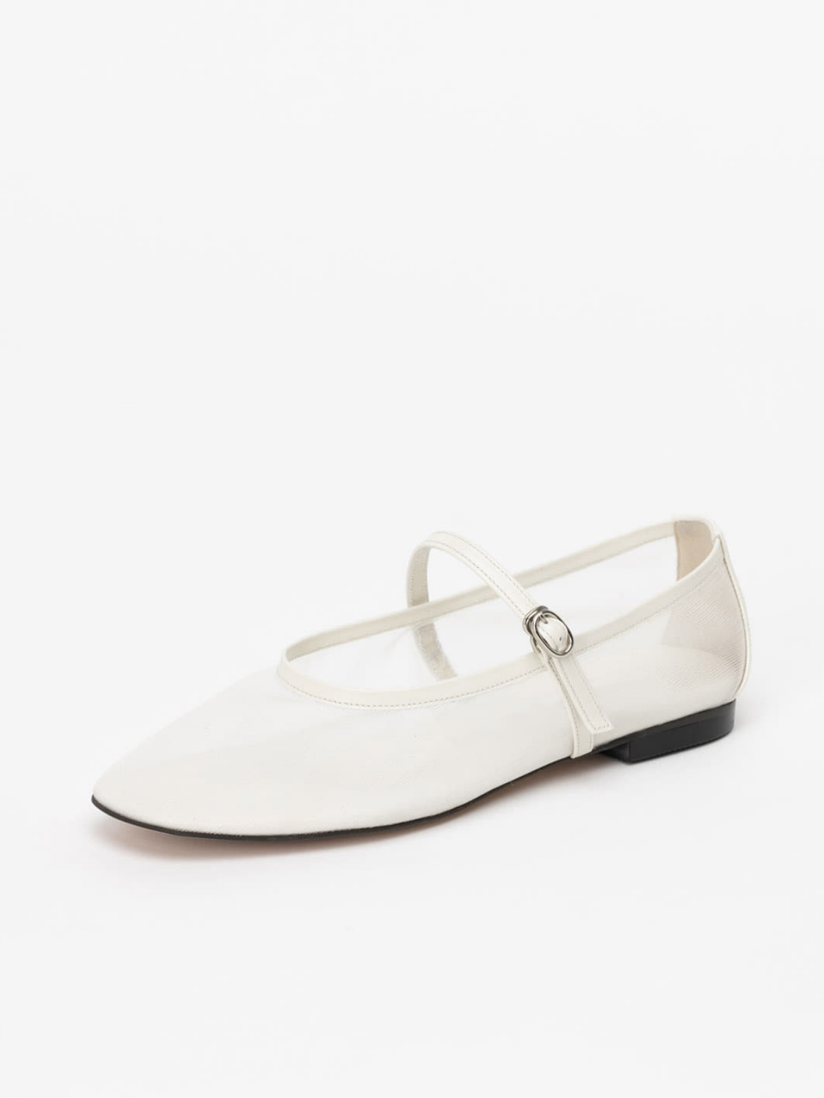 White Mesh Square-Toe Flats Mary Janes With Adjustable Strap