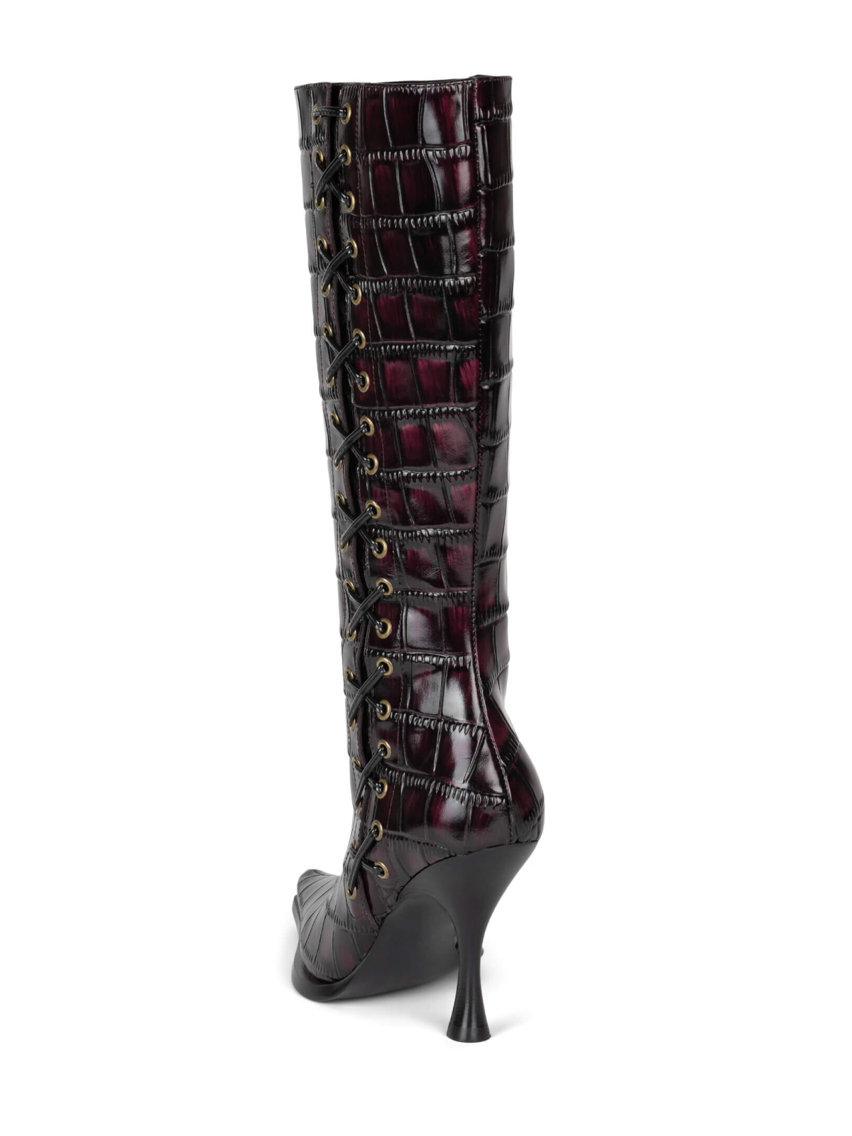 Black Croc-Embossed Vegan Leather Pointed-Toe Lace-Up Full-Zip Mid Calf Stiletto Boots